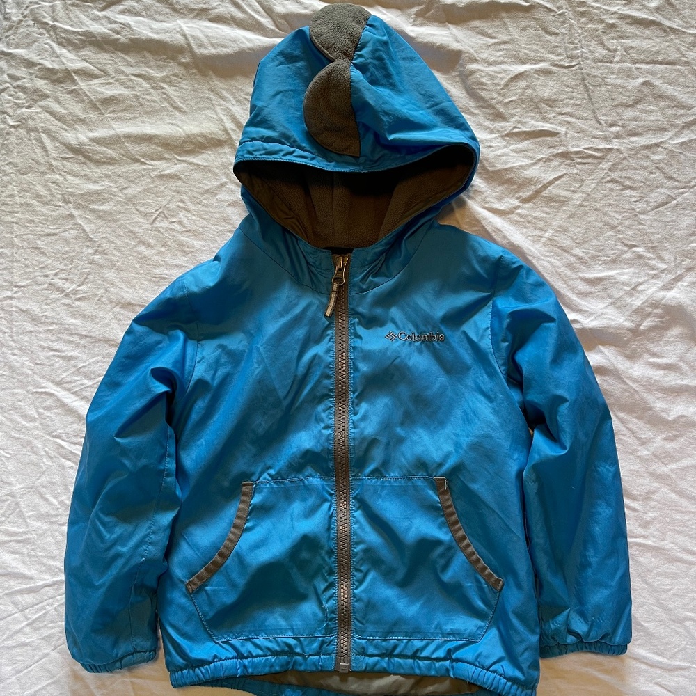 **SOLD** Columbia 4T teal blue dinosaur lined jacket, flaws, toddler